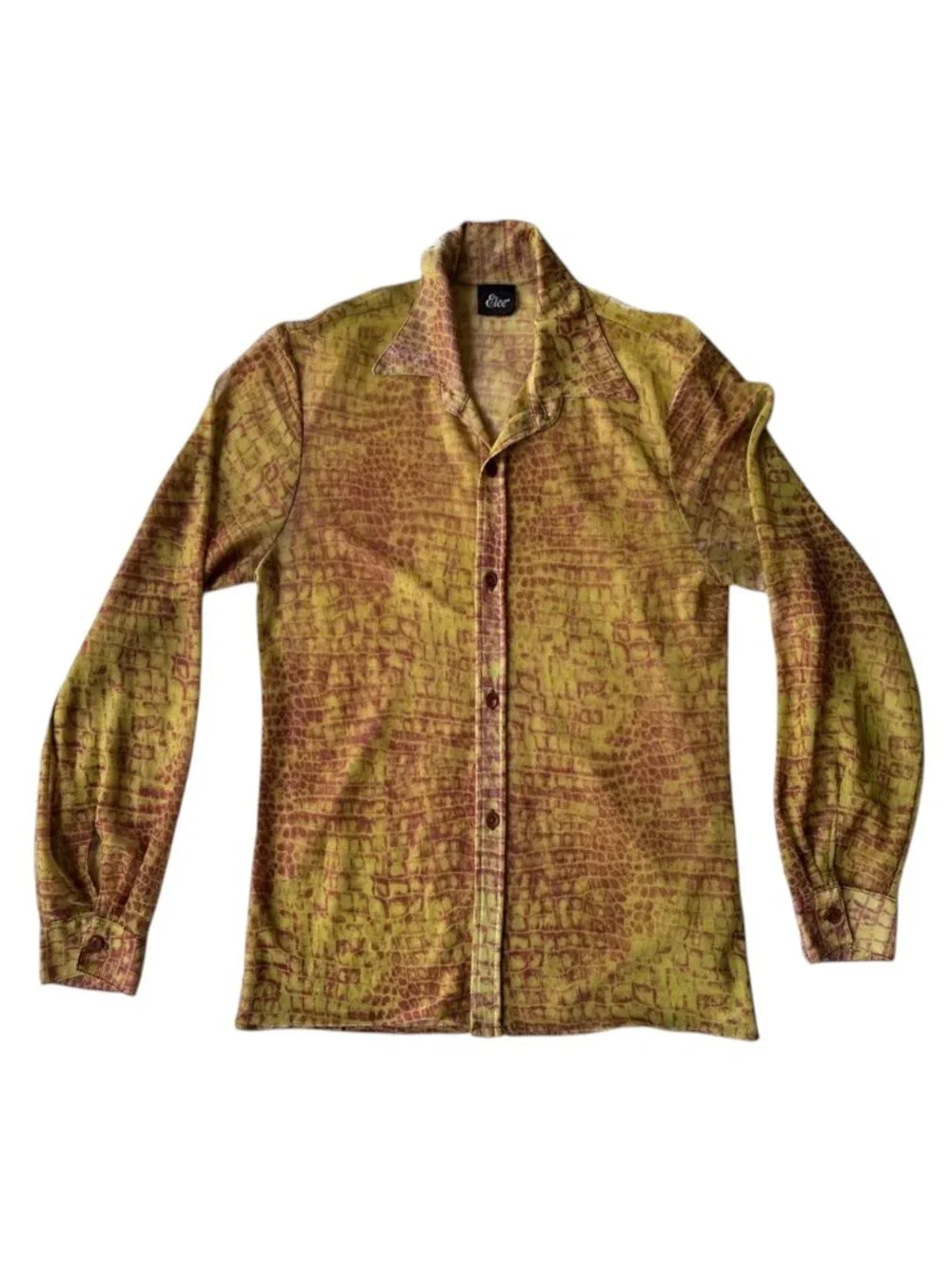 Vintage ELEE Men Sheer Button down Long Sleeve crocodile skin style print LG